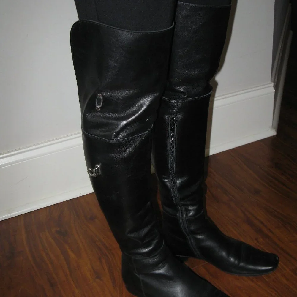 REDUCED Wmn Black Leather Side Zipper Block Heel Over The Knee Boots S 5.5 UK 3